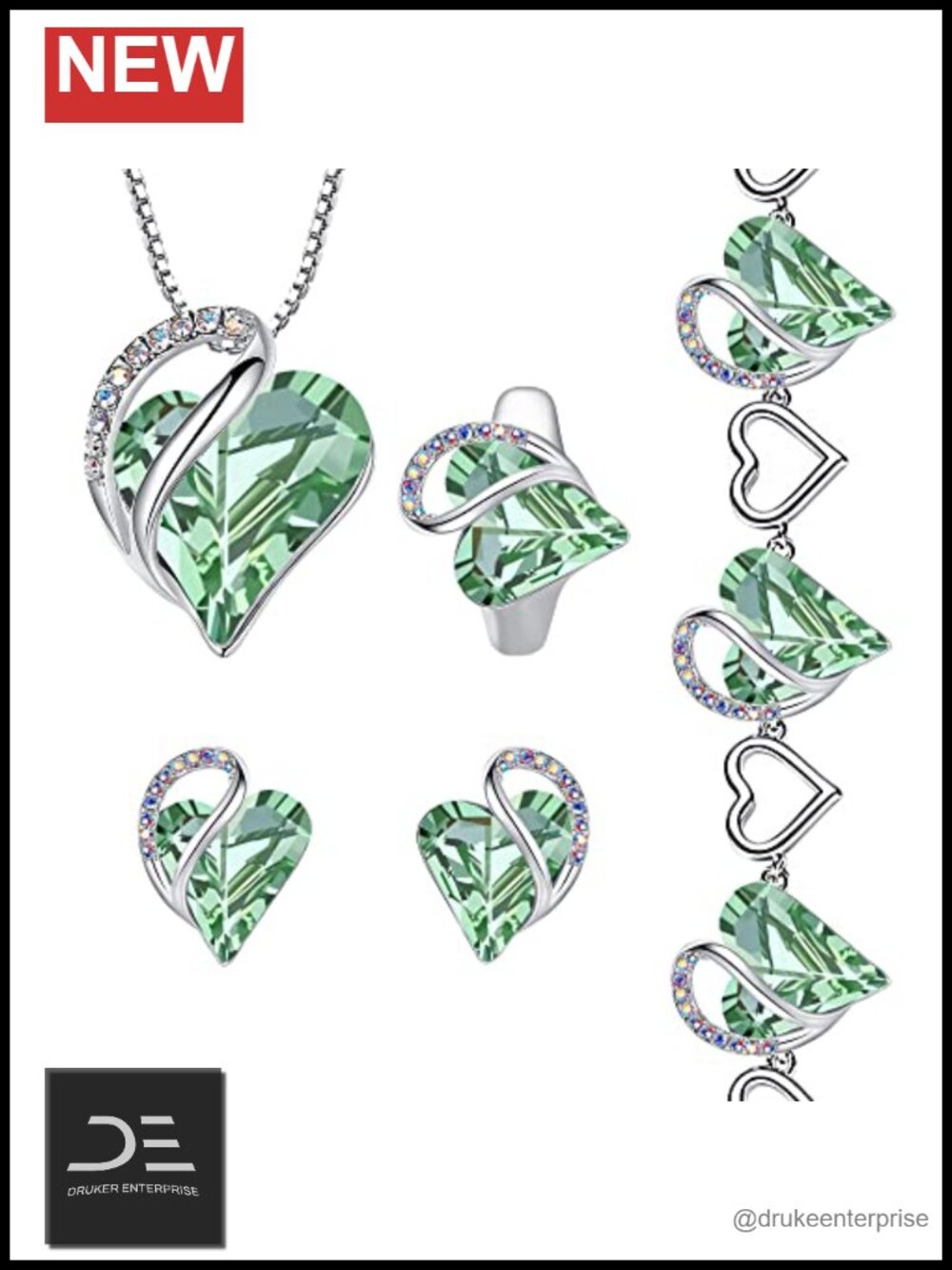 Crystal Jewelry Set - Heart Necklace, Bracelet, Earrings, Ring - Sterling